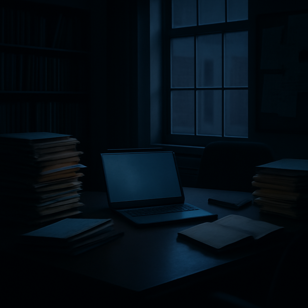 Dimly lit university office with laptop, papers, and books, hinting at secretive activity.