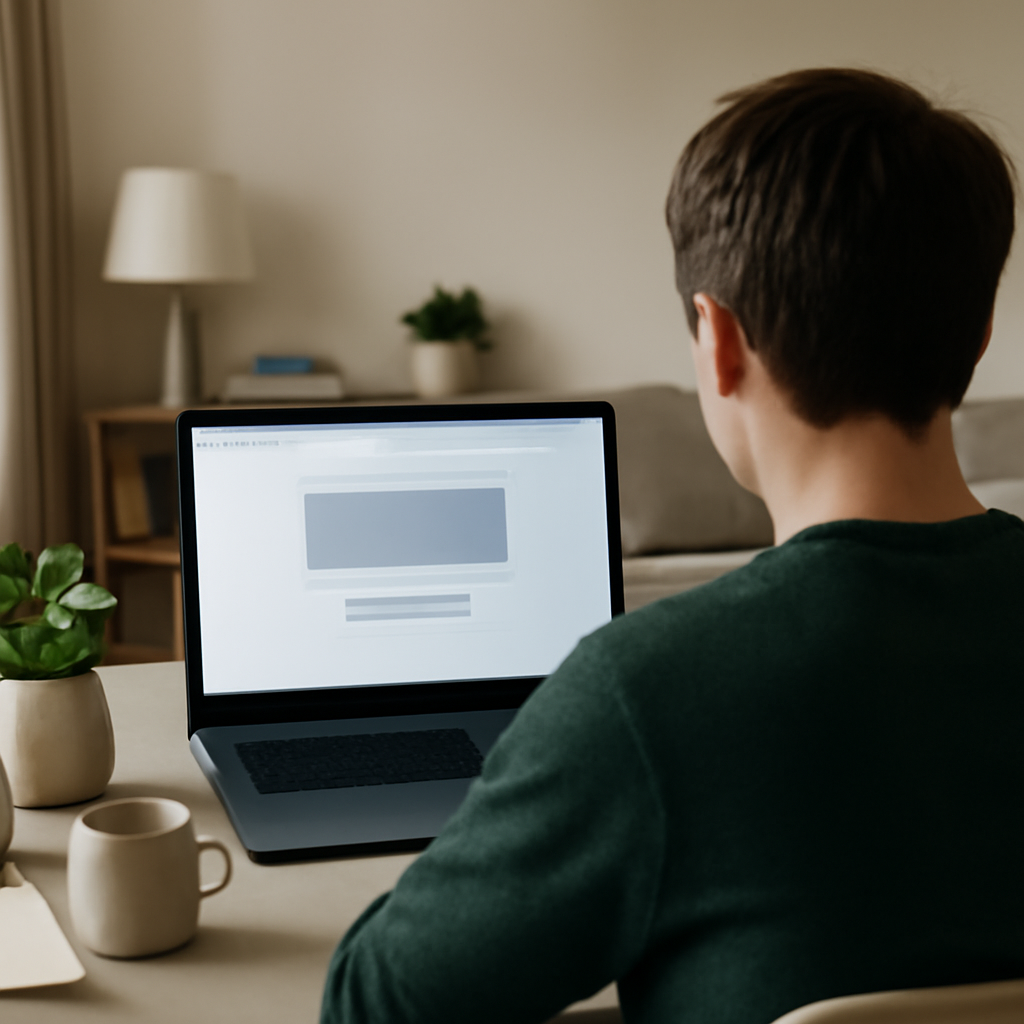 Person sitting at desk with computer displaying a blank webpage.