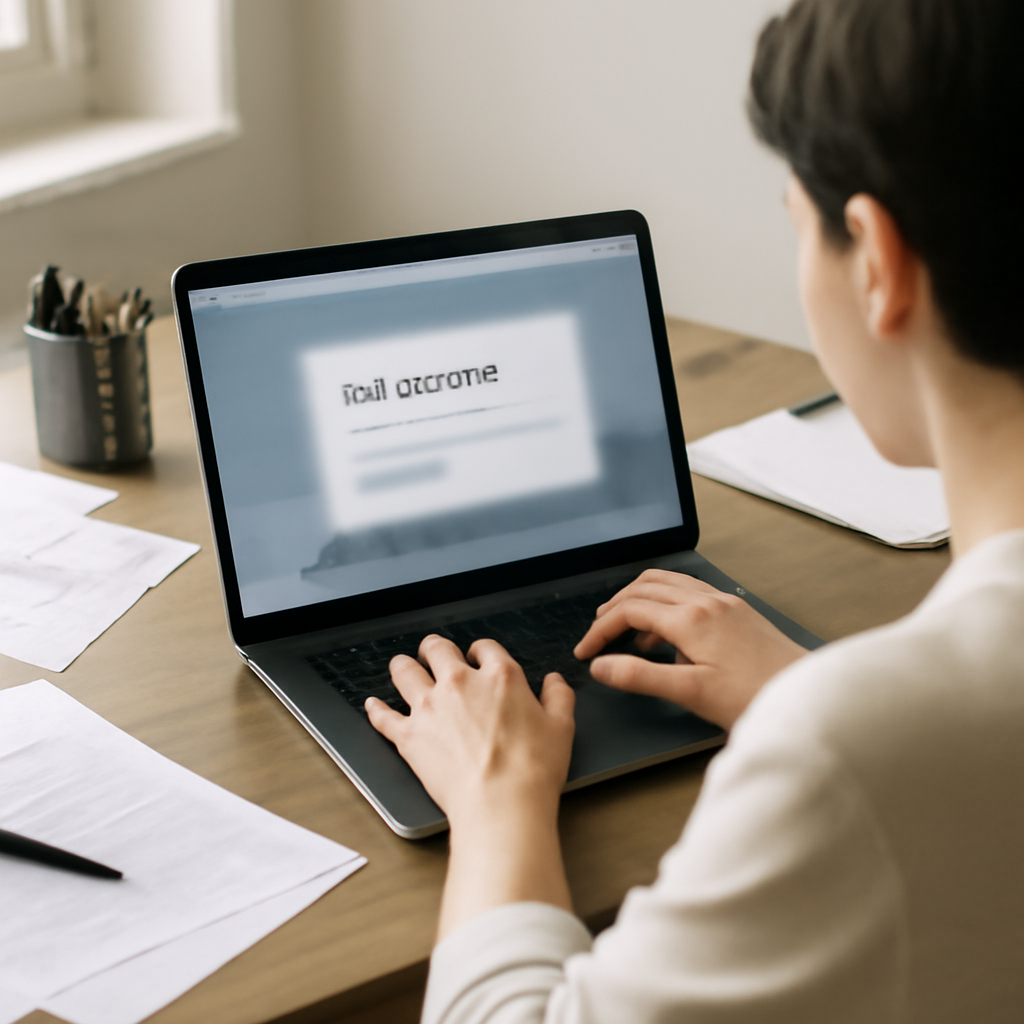 Person working at desk with laptop displaying a webpage, hands poised over keyboard.