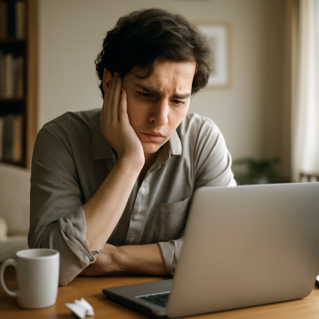 Concerned person sits in front of laptop with blank screen, surrounded by everyday objects.