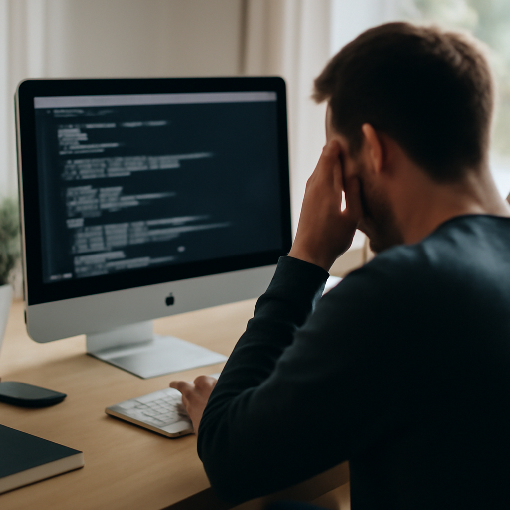 Person sitting at desk with obscured hands and blurred computer screen.