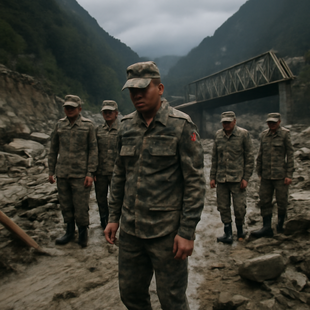 Nepalese military personnel stand amidst debris in rugged terrain.
