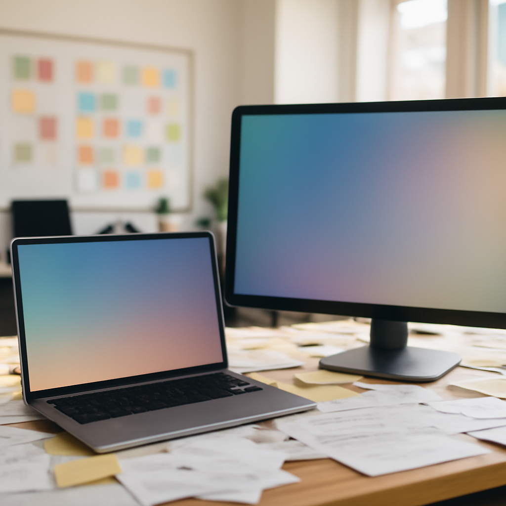 Cluttered developer workstation with laptop and monitor in shared office space.