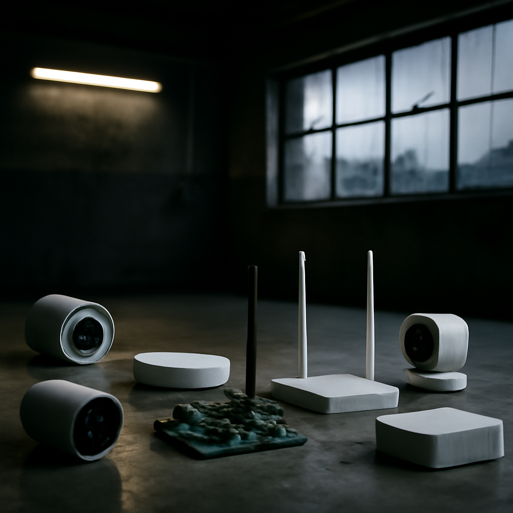 Dimly lit industrial area with scattered IoT devices and exposed circuit boards.