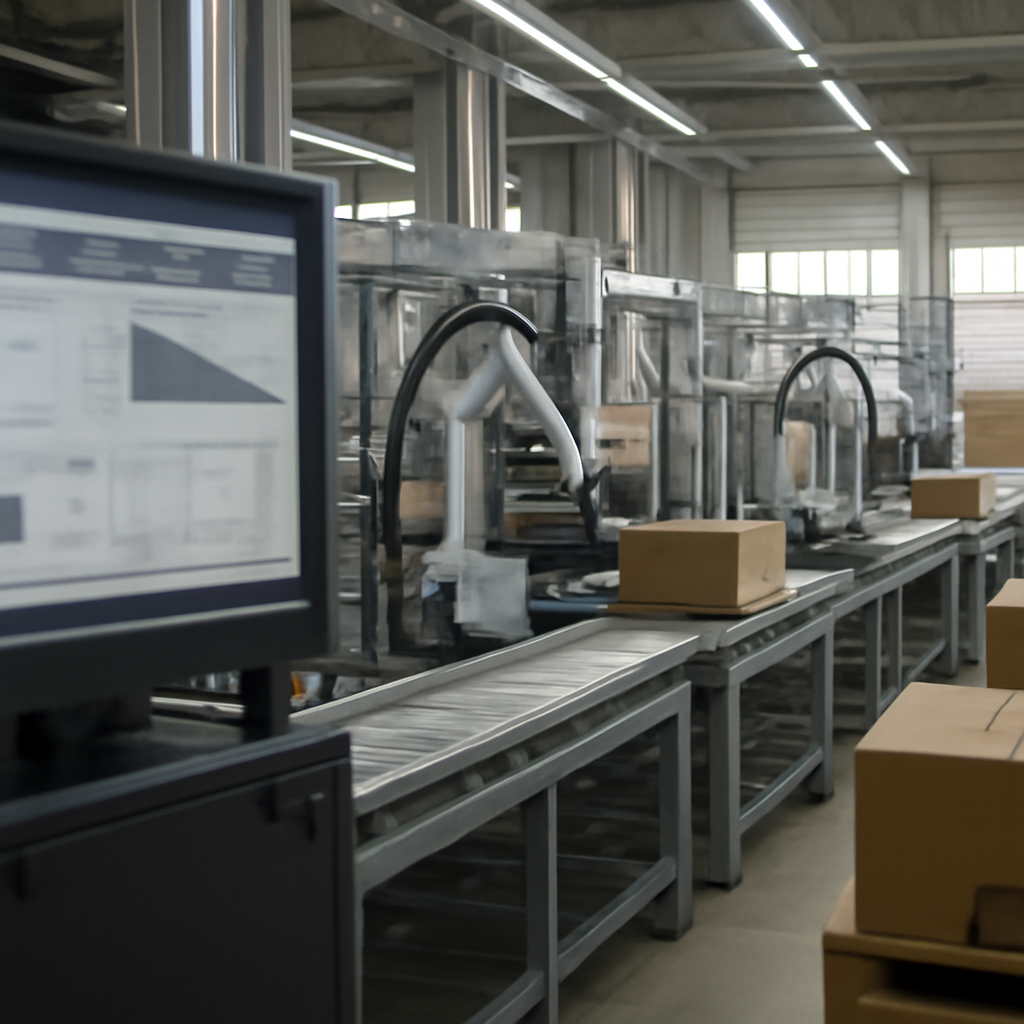 Industrial facility with automated systems, control screens, and logistics area in daylight.