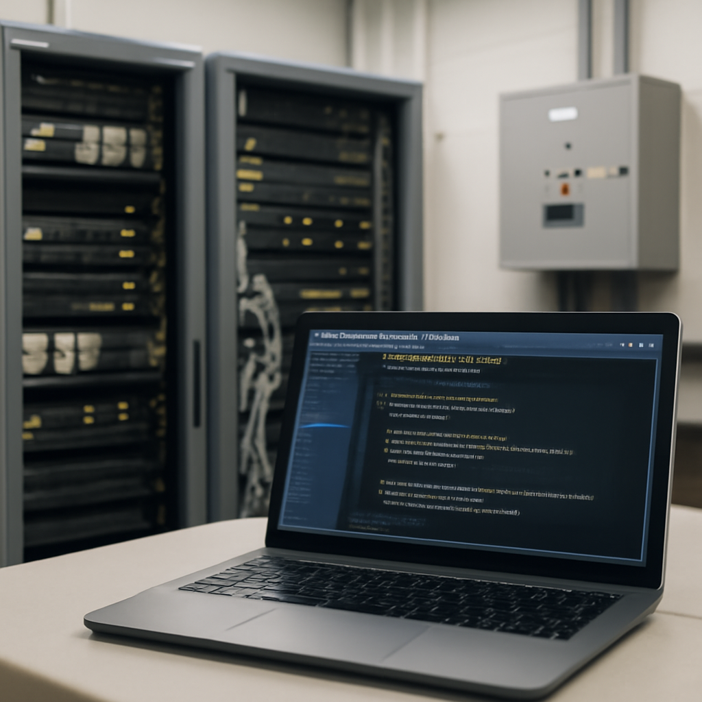 Server room with computer equipment and a monitor displaying lines of code in the foreground.