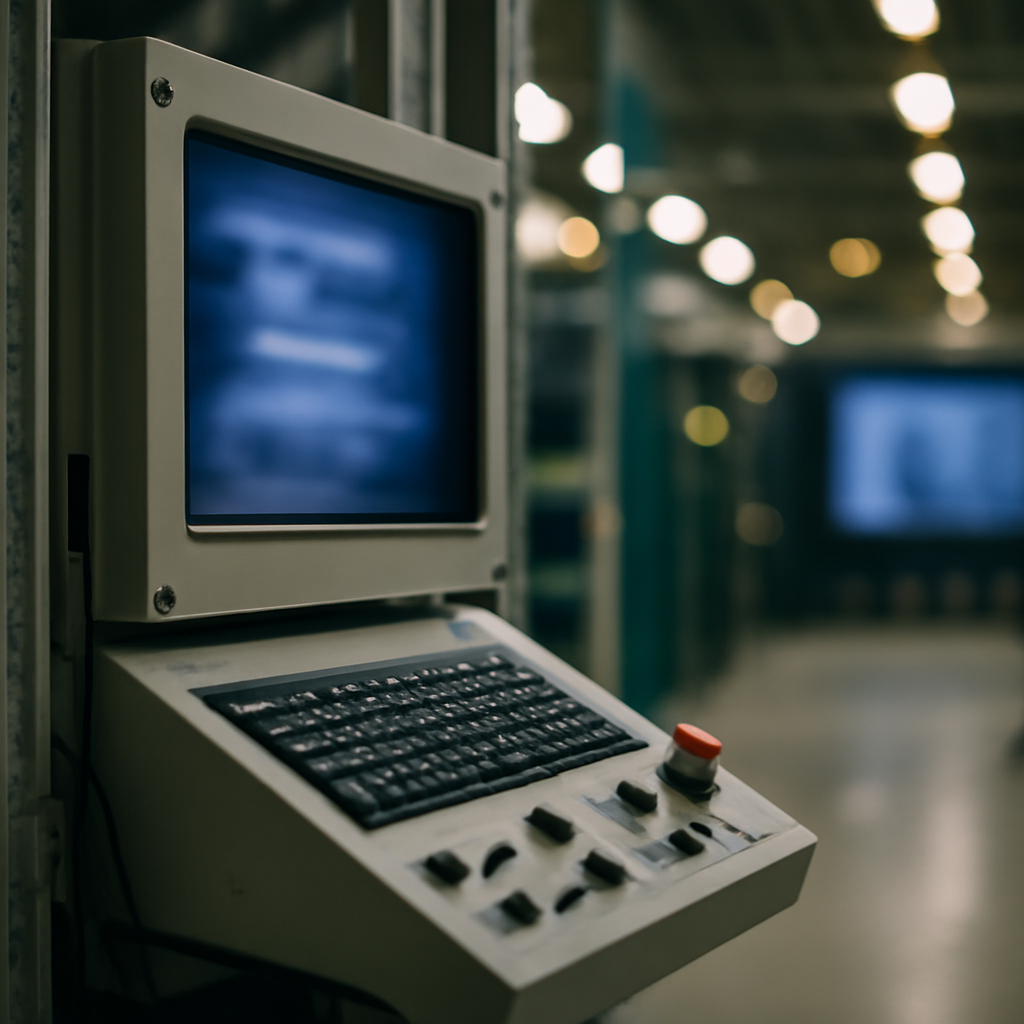 Brightly-lit industrial control system terminal on a rack in a factory setting.