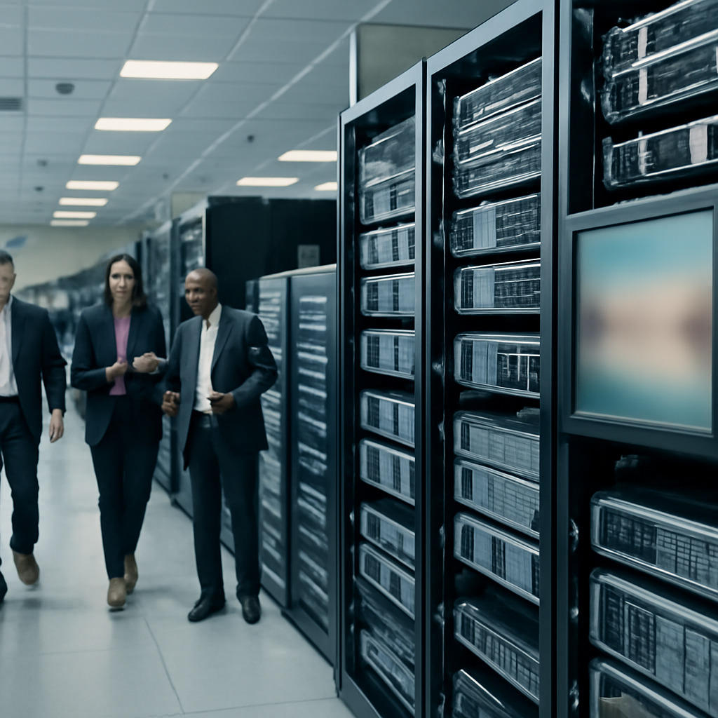 Rows of computer servers and storage equipment in a brightly-lit data center with concerned businesspeople in the background.