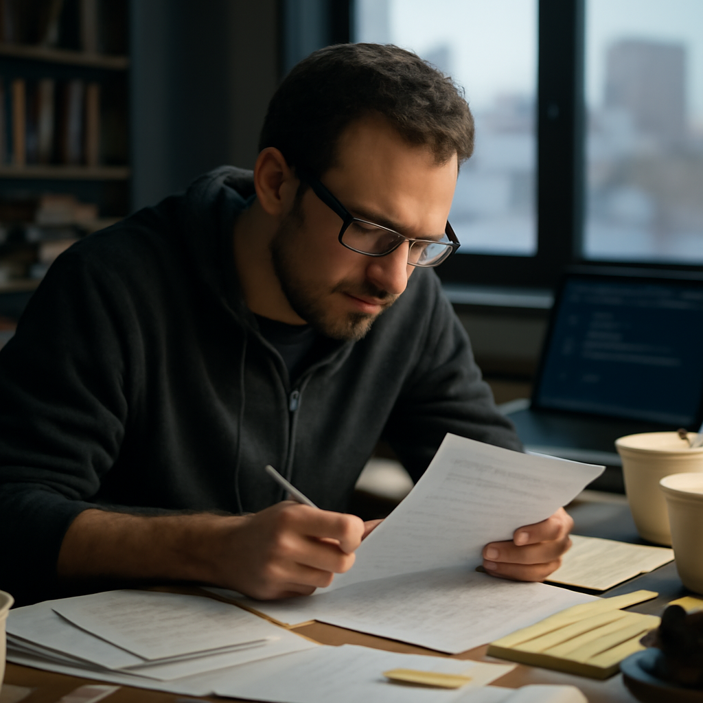 Security researcher analyzing code in a cluttered office with city view.