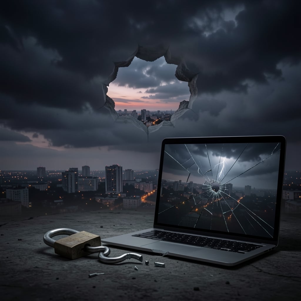Dark cloudy sky with a gaping hole reveals cityscape, broken padlock and laptop screen nearby.