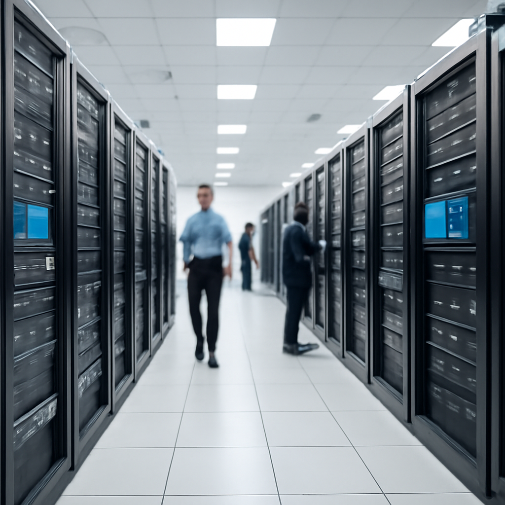 Rows of computer servers and storage systems in a brightly-lit data center with technicians working in the background.