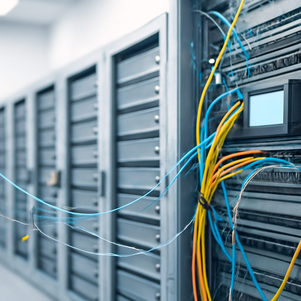 Brightly-lit server rack with rows of out-of-focus servers and cables against a neutral background.