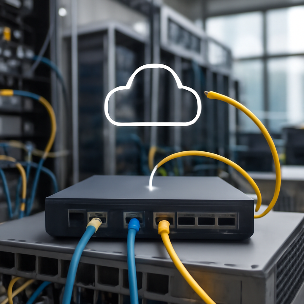 Network operations environment with servers, routers, and cables, showing a data stream being intercepted.