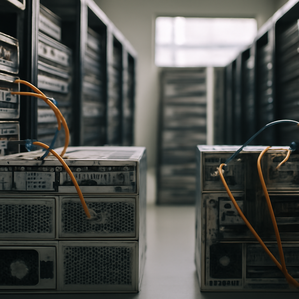 Rows of servers and storage units in a data center, with some cables exposed and others neatly organized.