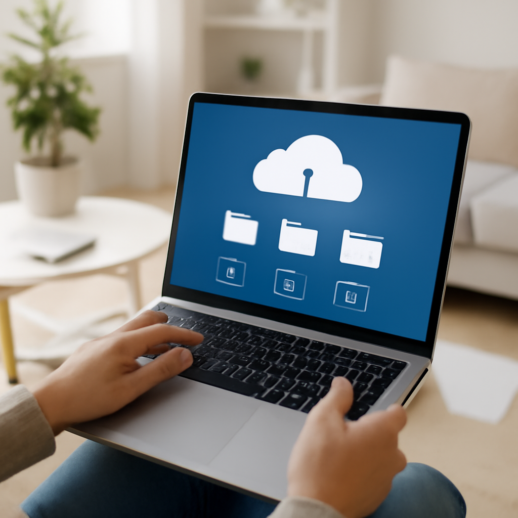 Person holding laptop with cloud storage interface in a bright, minimalist home office setting.