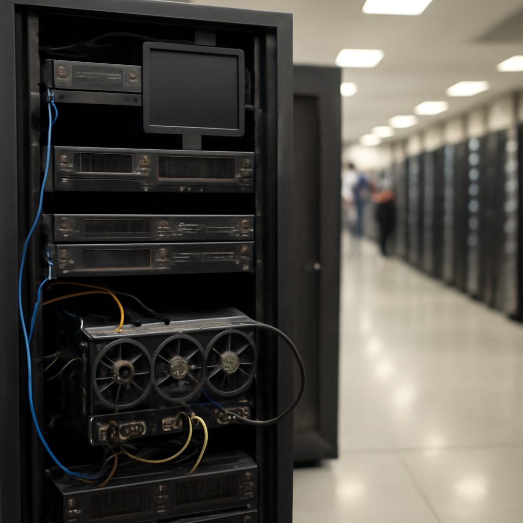 Data center interior with rows of computer servers and GPU equipment.