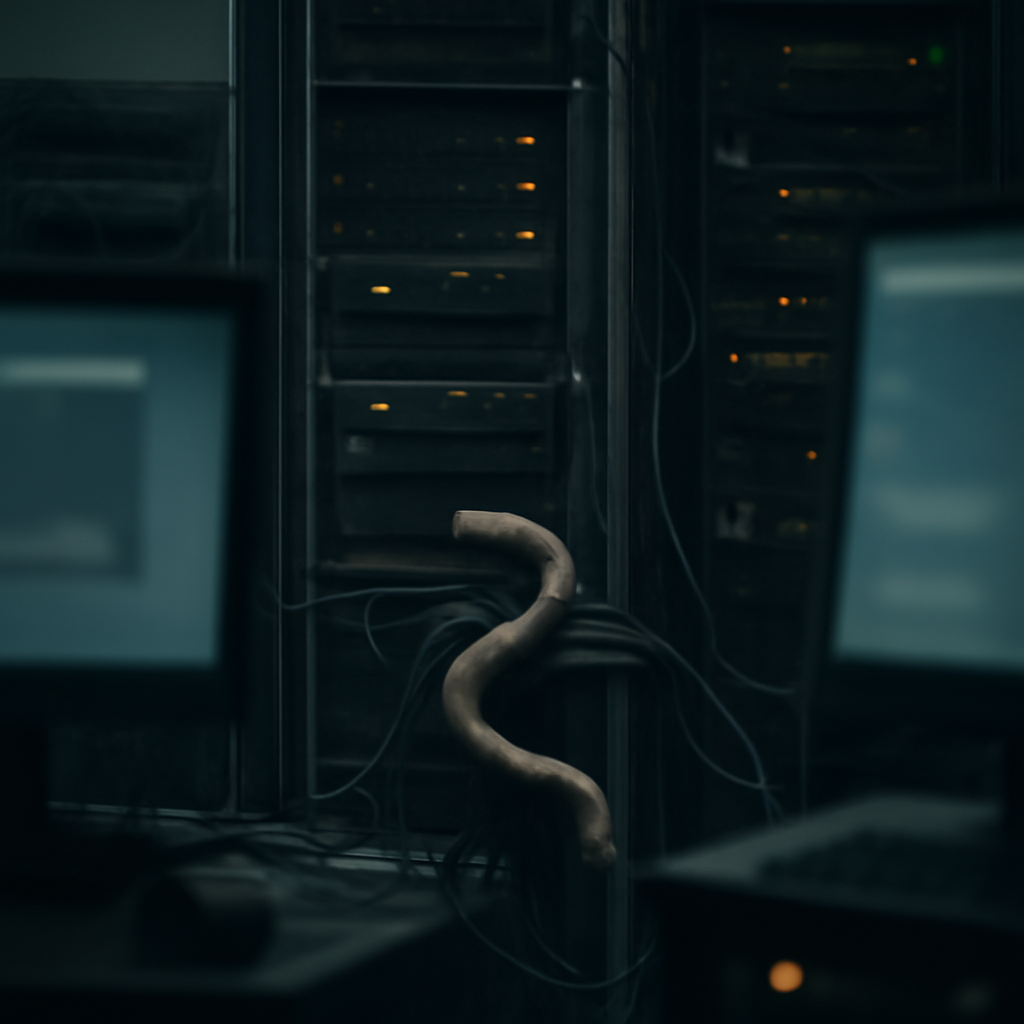 Dimly lit server room with rows of computer servers and networking equipment in disarray.