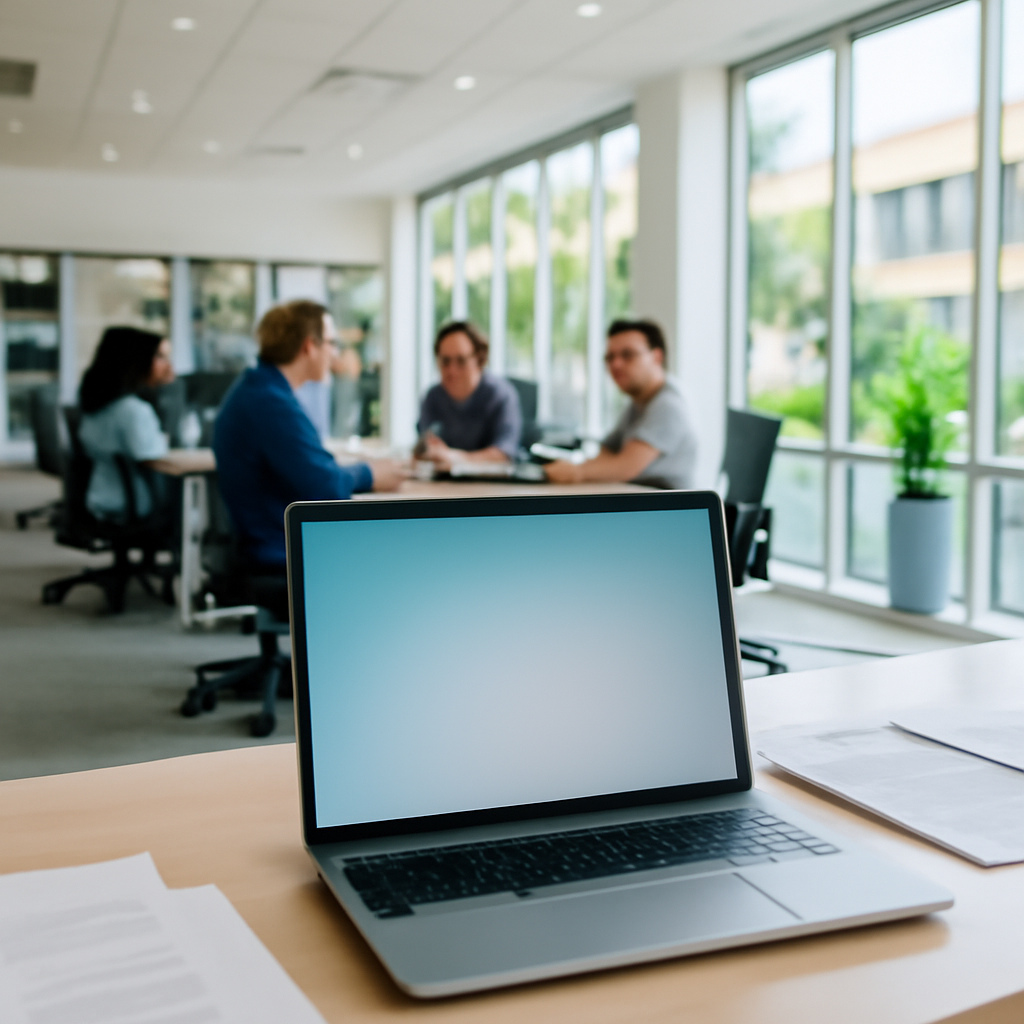 Modern office interior with people working, featuring a laptop with a blank screen.