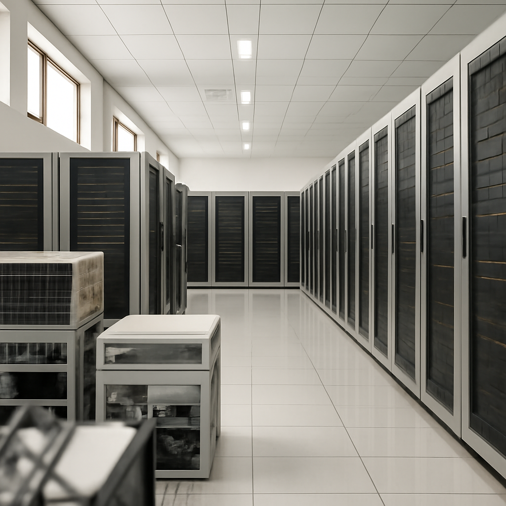 Rows of server racks and storage systems in a data center, with containerized storage units in the foreground.