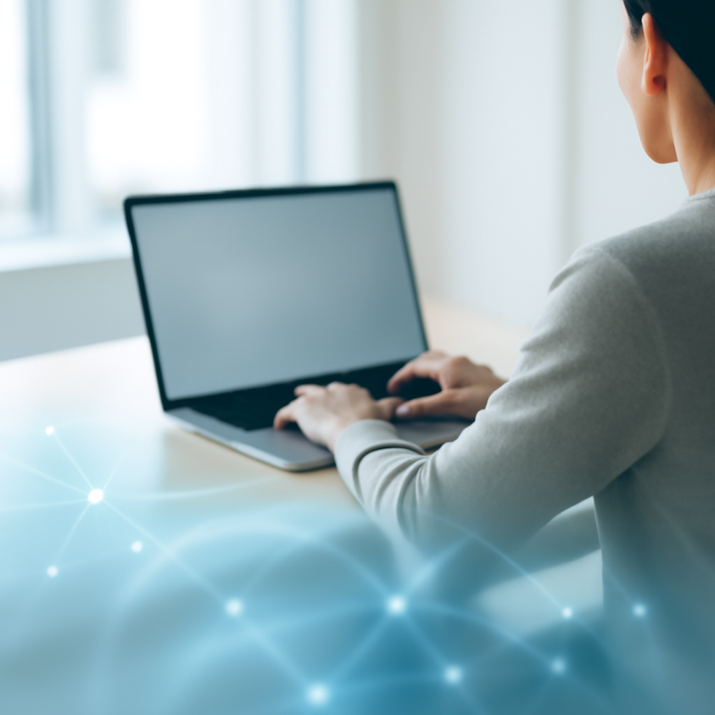Person working on laptop with blurred screen in a bright, minimalist space.