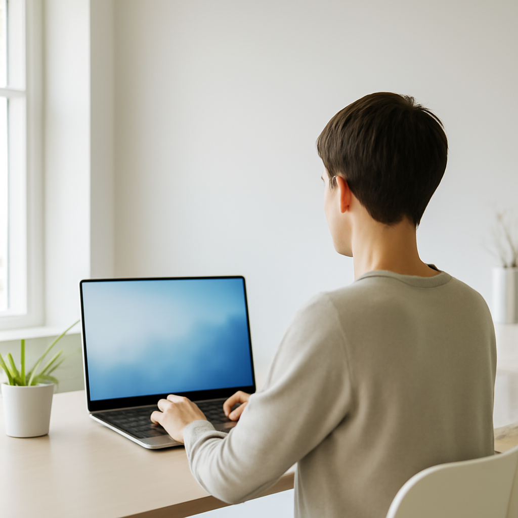 Person working on laptop in modern room with cityscape background.