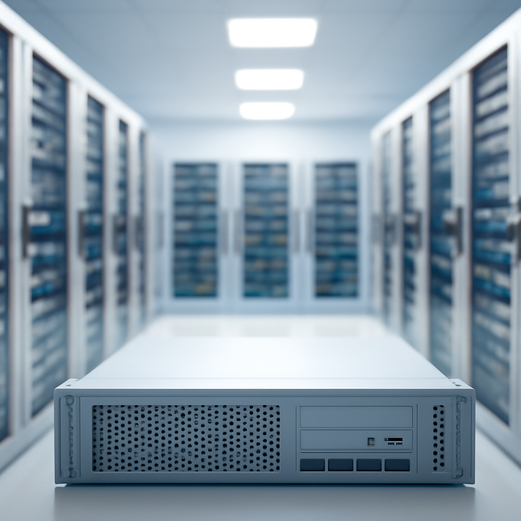 Rows of computer servers and networking equipment in a brightly-lit server room.