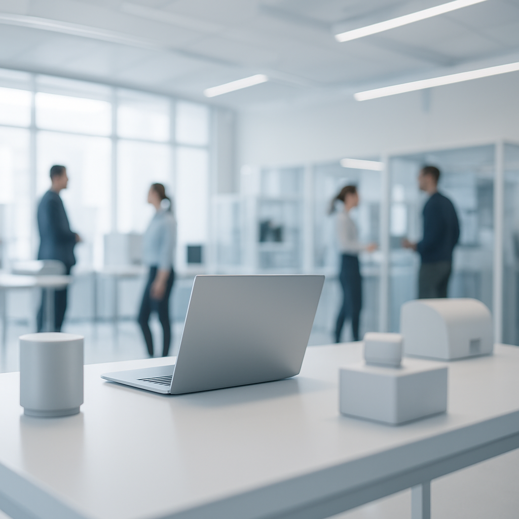 Modern tech facility interior with people working in background and sleek workstation in foreground.