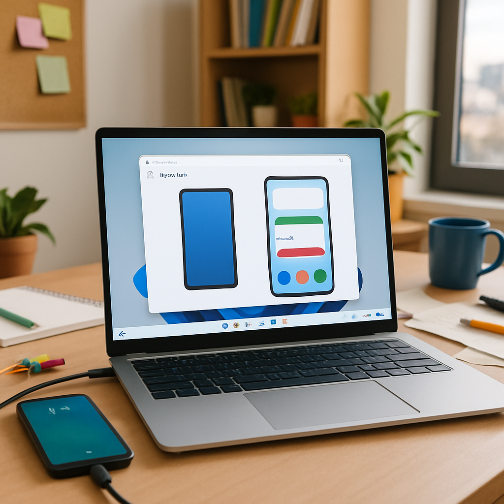 Windows laptop with Phone Link app open, connected to smartphone via USB, on a cluttered home office desk.
