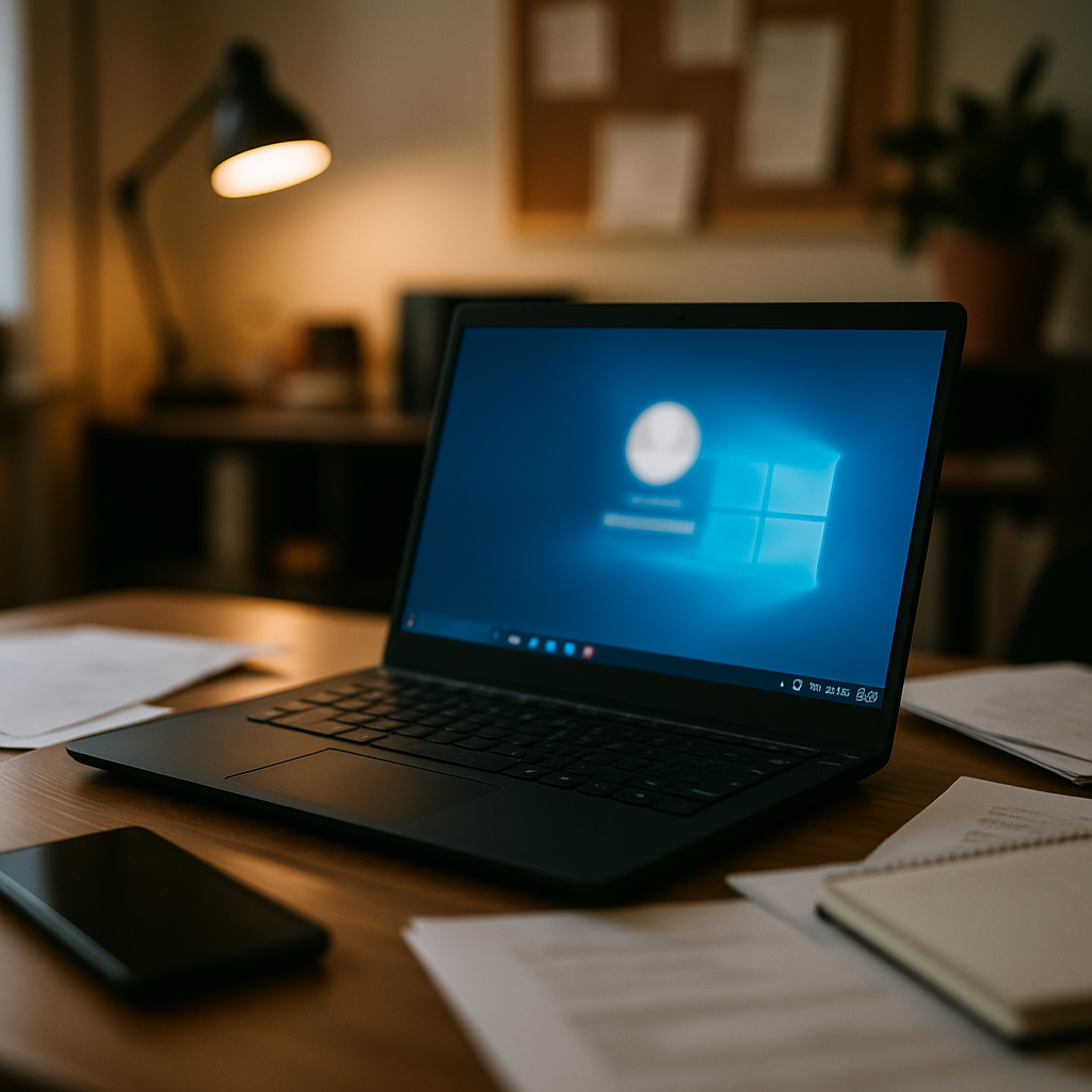 Windows laptop on cluttered desk with smartphone nearby, displaying blurred login screen.