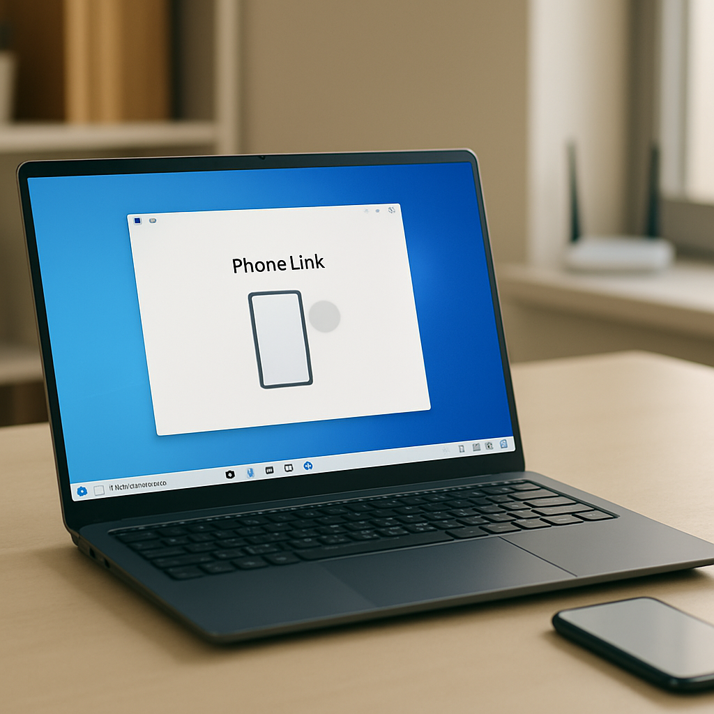 Laptop on a desk with Phone Link app open, smartphone nearby, in a home office setting with subtle network device hint.