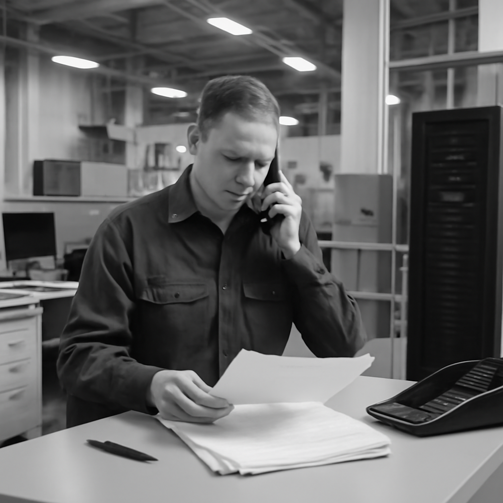 Worker in uniform reviews documents and speaks on phone at defense industrial base facility.