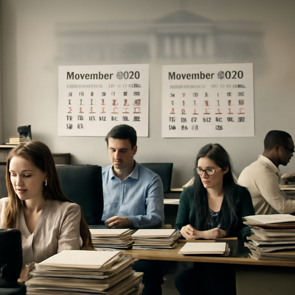 Small business office with employees surrounded by files and a calendar showing November 2025 and 2026 dates.