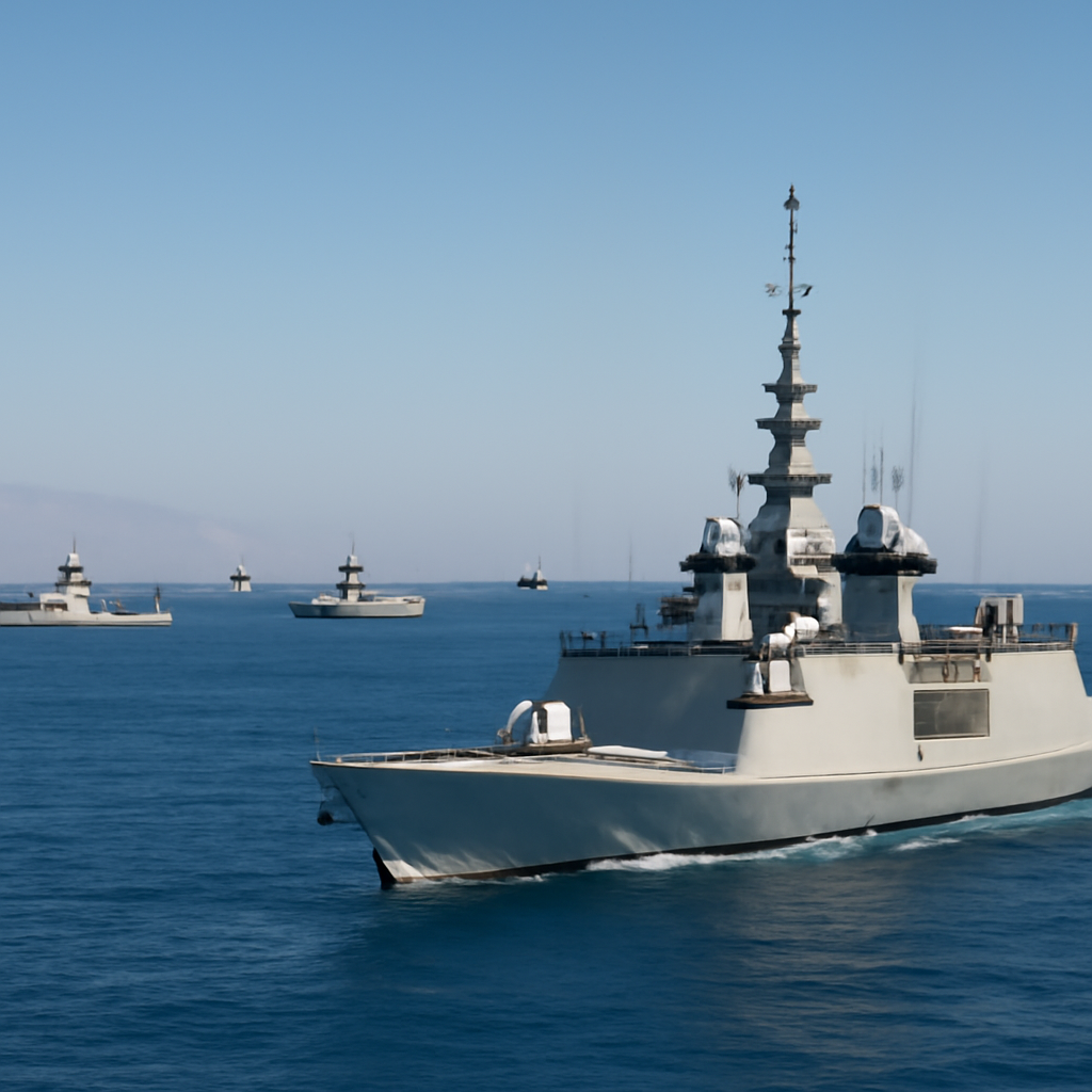 Naval ships from various nations sail through the Strait of Hormuz on a calm day.