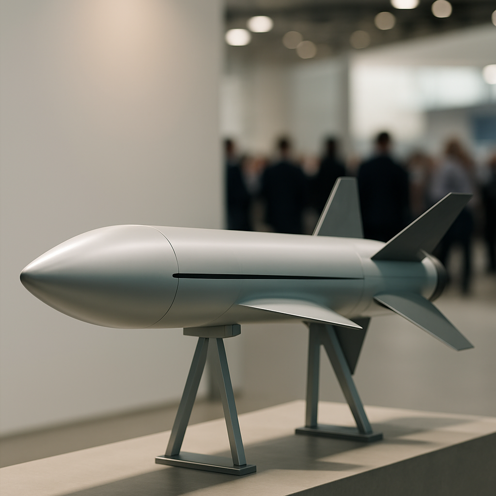 Modern cruise missile on pedestal, lit by soft daylight, with blurred crowd in background.