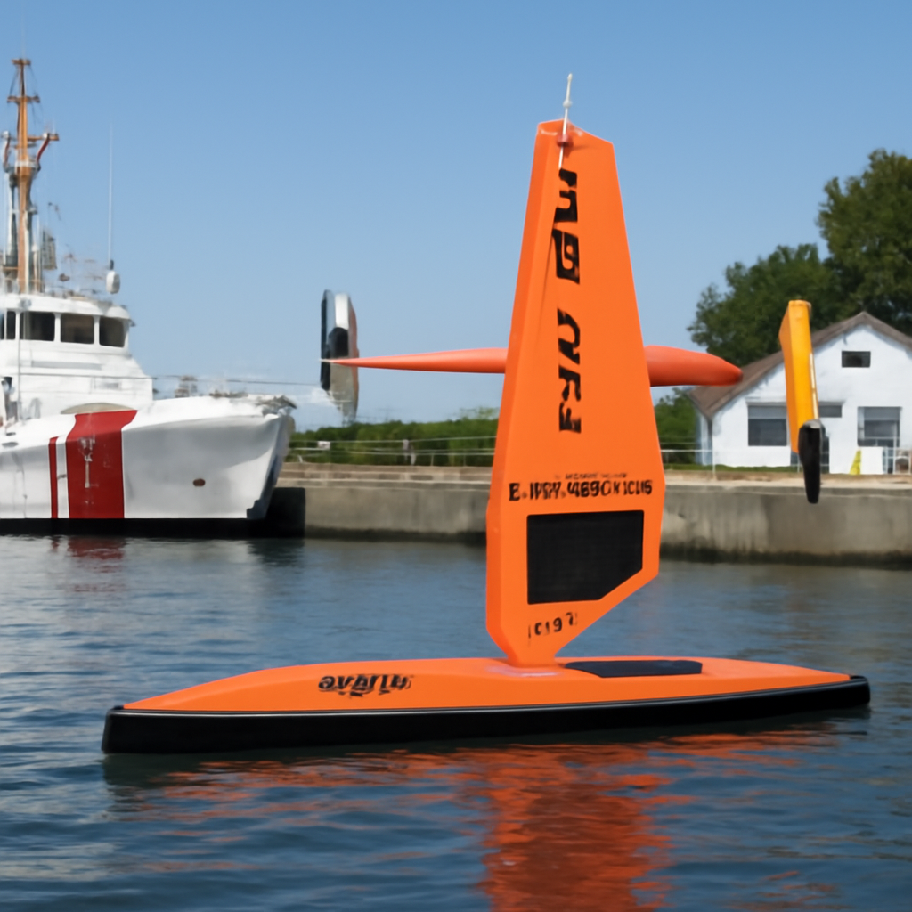 Coast Guard vessel with Saildrone Voyager unmanned surface vessel in water.