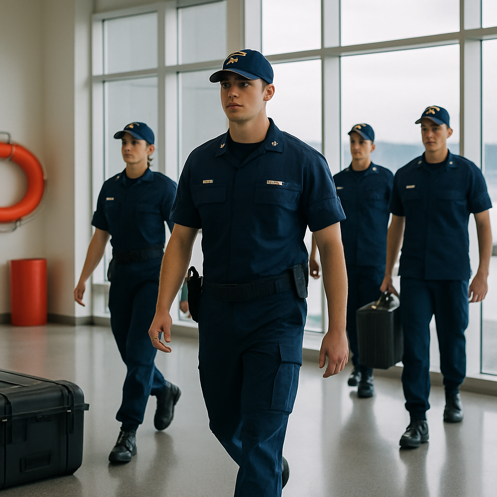 Coast Guard personnel stand at attention in a formal setting with a harbor view.