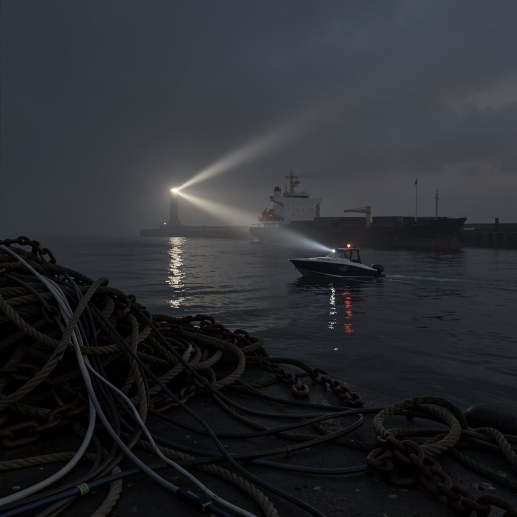 Dark harbor at dusk with lighthouse beam on a distant cargo ship, tangled ropes and computer cables in foreground.