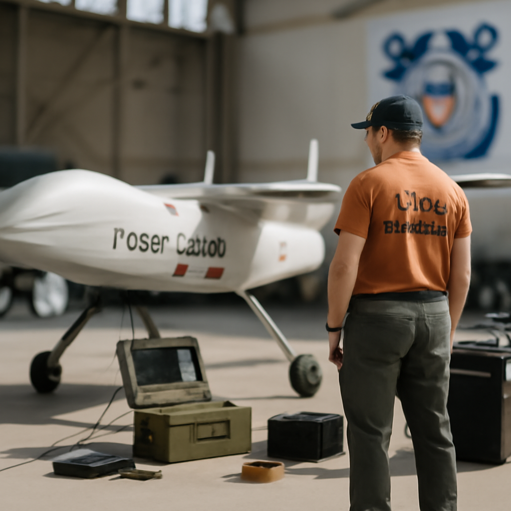 Coast Guard personnel standing near MQ-9B drone and ground control equipment in a hangar.