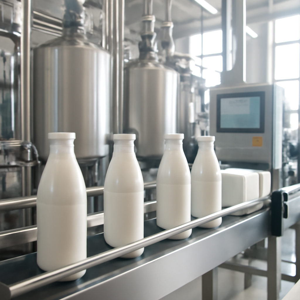 Dairy production facility with stainless steel equipment and milk bottles on a conveyor belt.