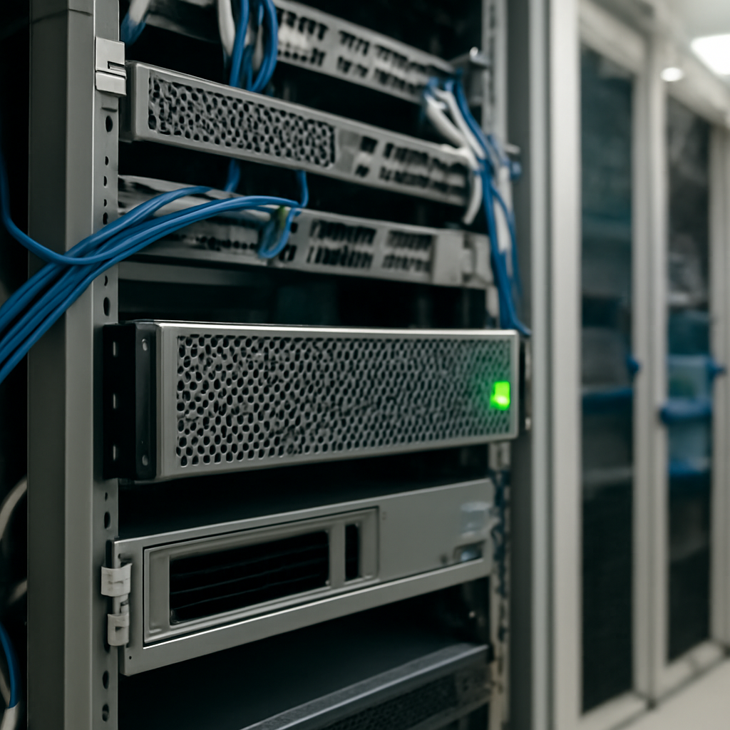 Rack of servers with one server highlighted, its indicators glowing neutrally.