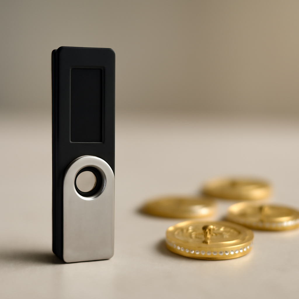 Bitcoin hardware wallet with blank screen and scattered coins on neutral surface.