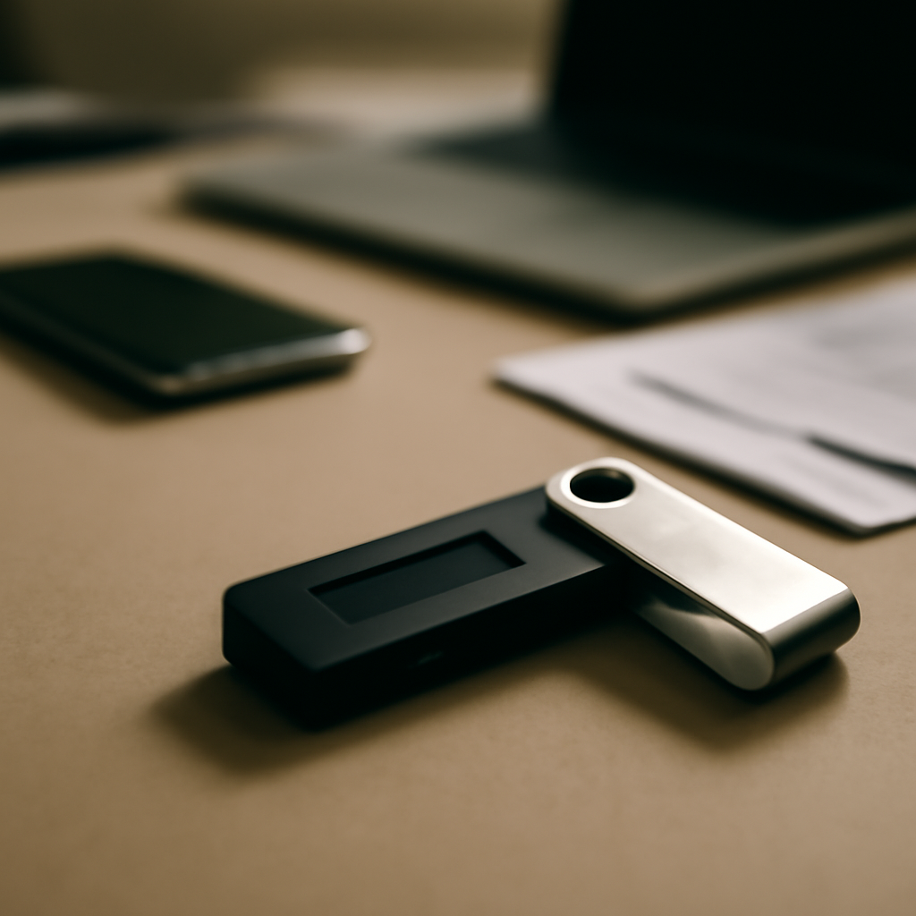 Close-up of a hardware wallet on a plain surface with blurred cryptocurrency items in the background.