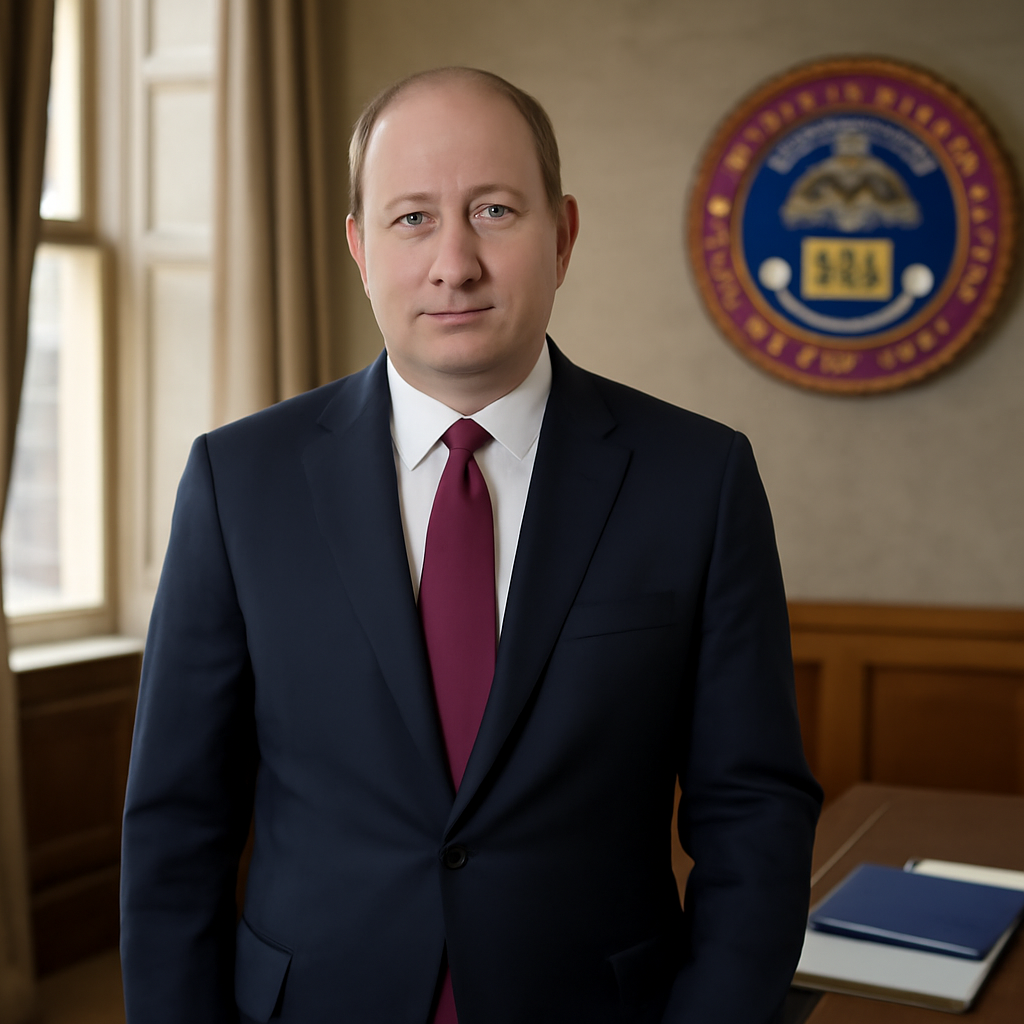 Governor Jared Polis in a formal office setting with a blurred state seal and election-related hints.