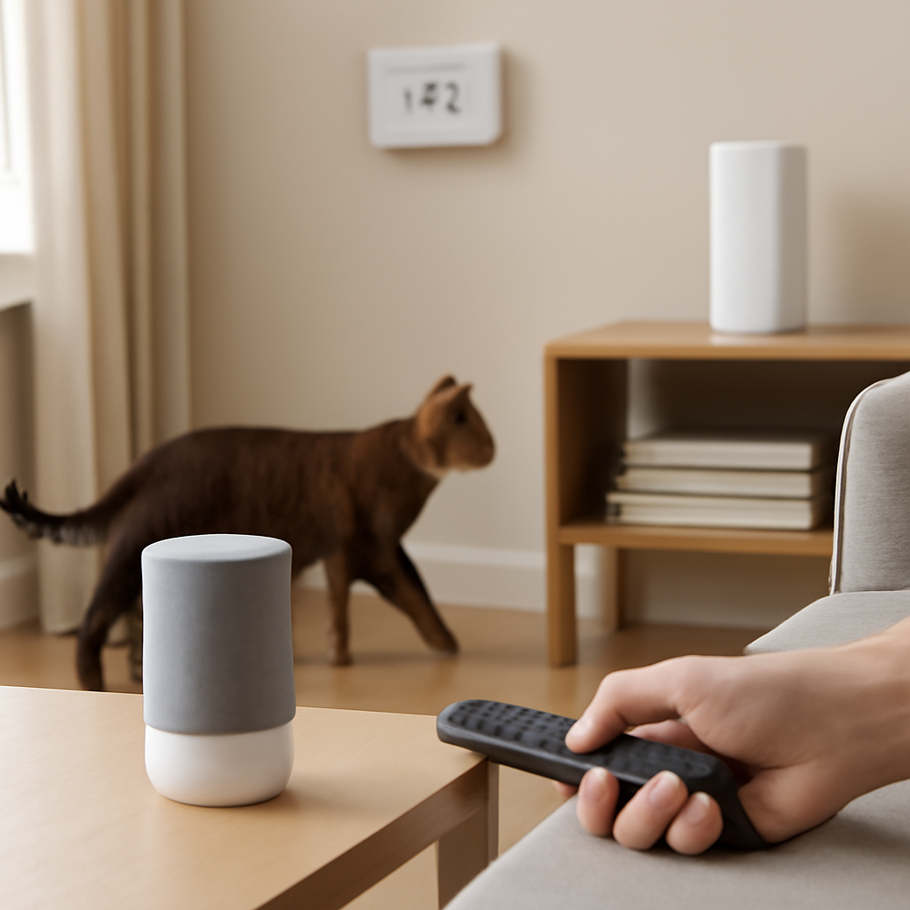 Smart home devices and a cat on a living room floor.