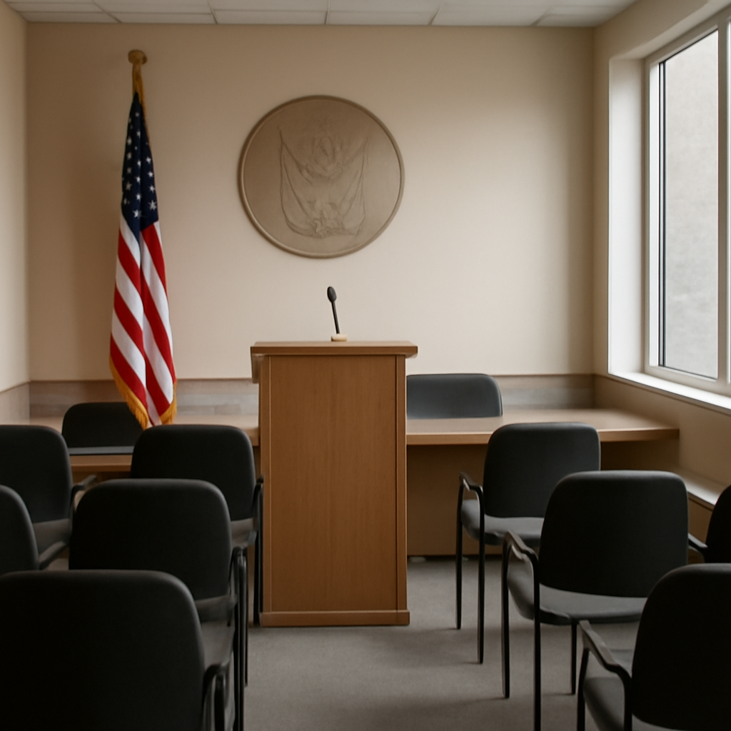 Empty conference room with podium, chairs, and large windows.
