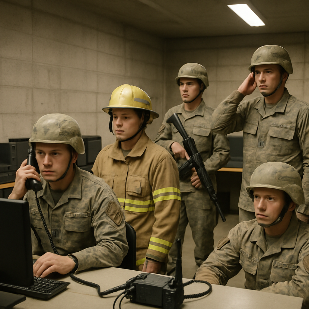 Airmen and first responders in a bunker during a simulated attack exercise, calm and focused amidst military equipment and…