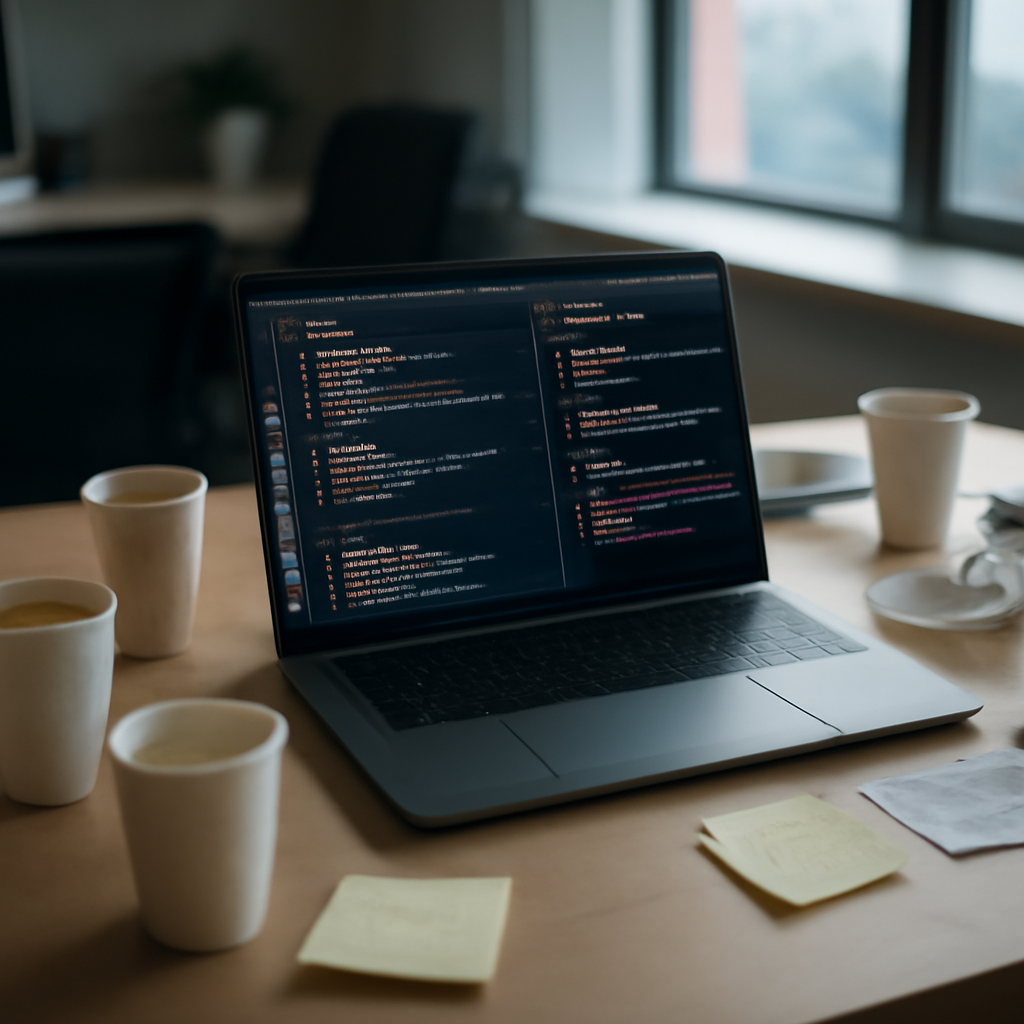 Developer workstation with laptop and terminal in a shared office space with cityscape background.