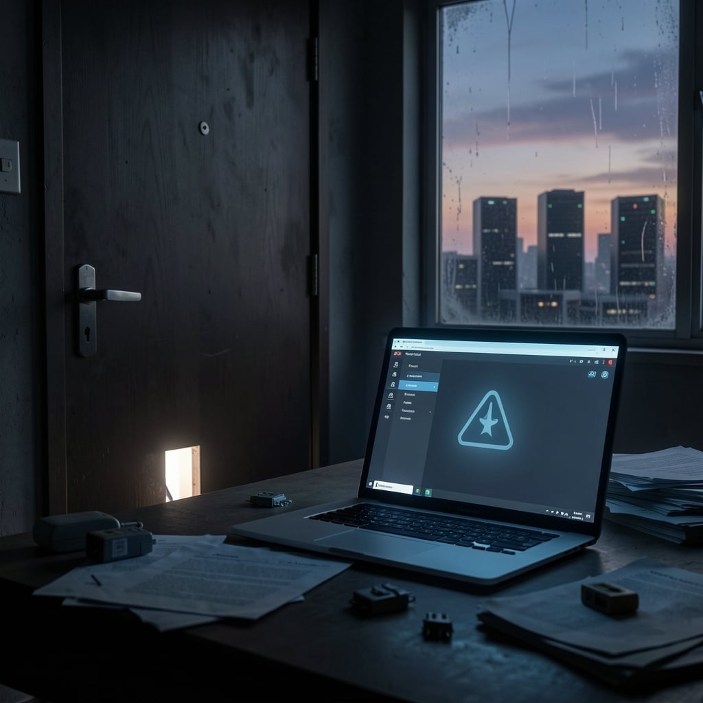 Laptop on cluttered desk displays ominous warning icon on dashboard amidst eerie blue glow, with locked door and small gap…