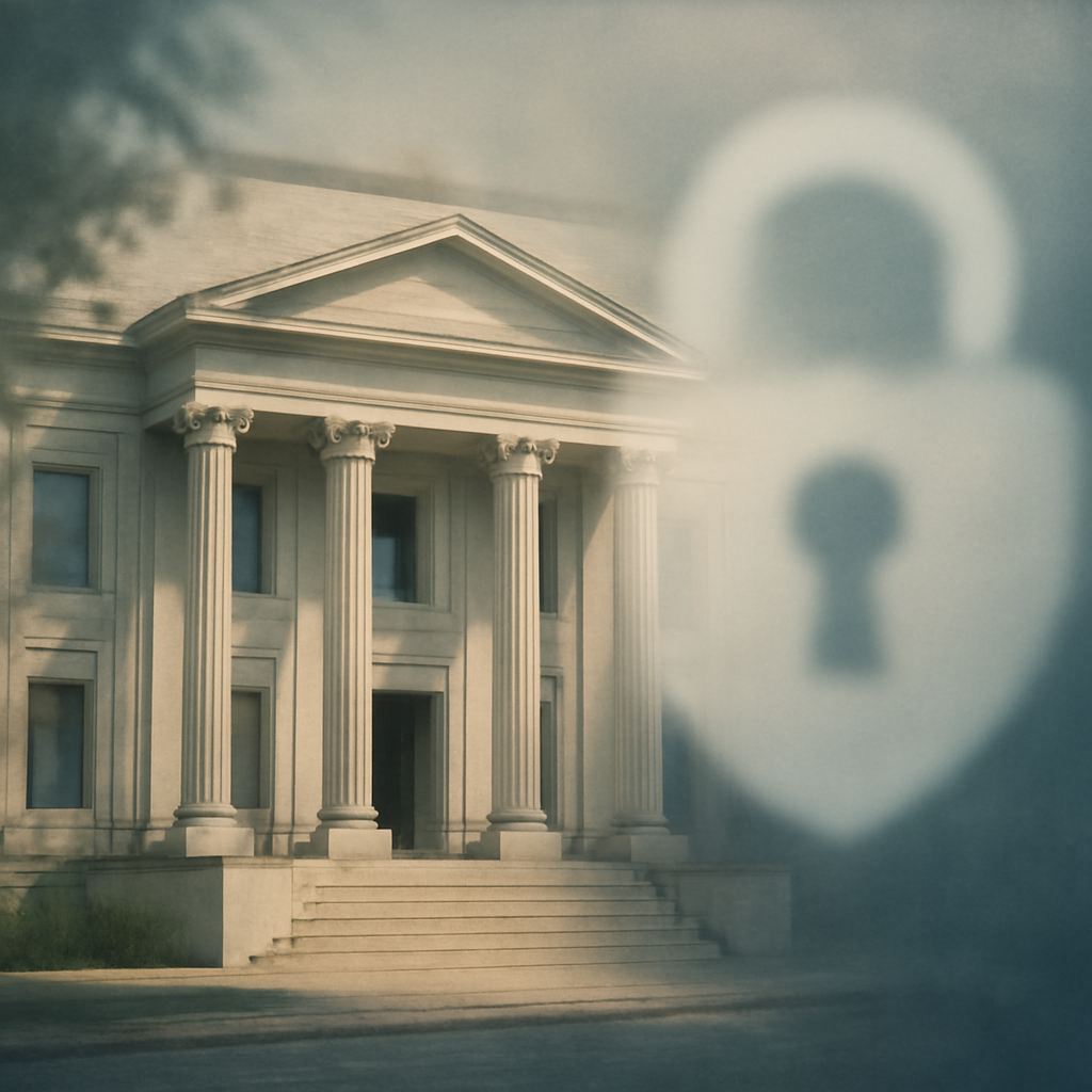 Courthouse with subtle padlock motif in background.