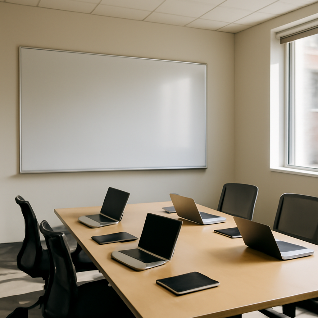 Empty conference room with laptops and notebooks on a table, and a blank whiteboard on the wall, lit by natural daylight.